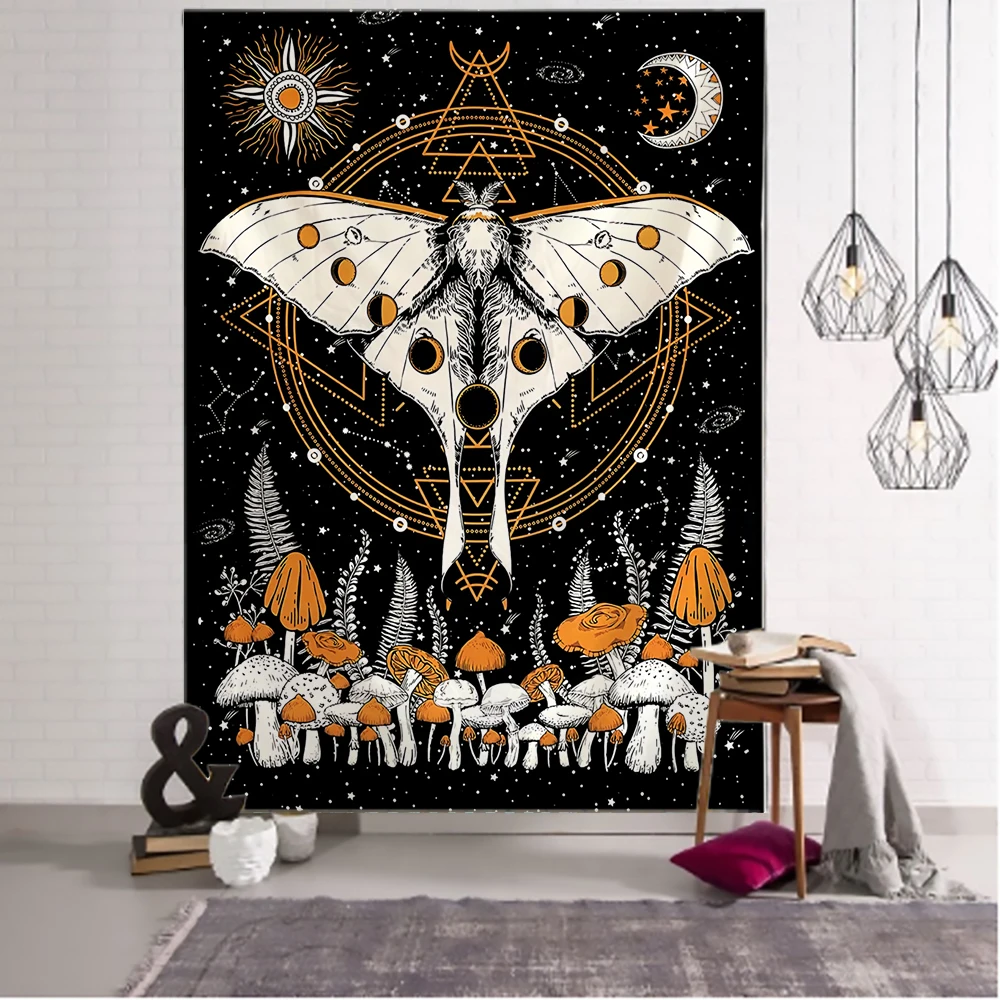 Moon Phase Flower Moth Tapestry Wall Hanging Mushroom Mandala Boho Hippie Sun Moon Bedroom Wall Decor