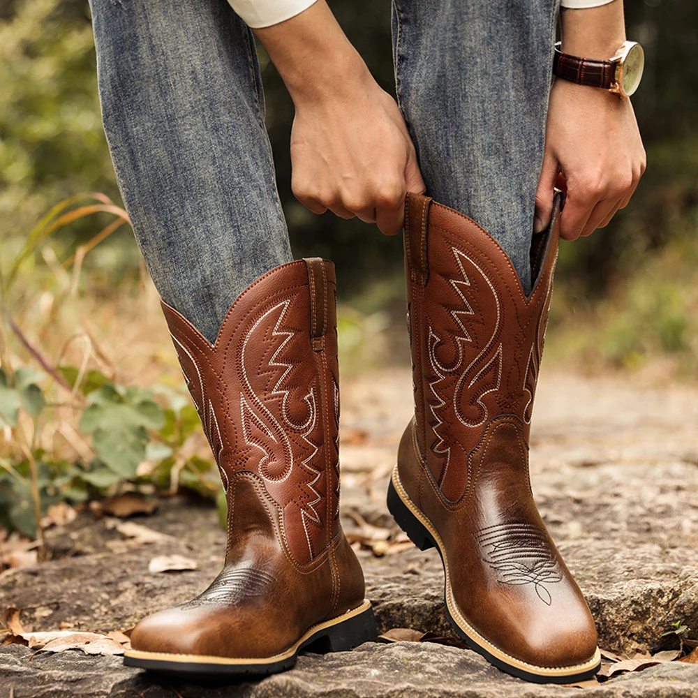 

Новые мужские ковбойские сапоги в стиле вестерн, кожаные сапоги с вышивкой, сапоги до середины икры в западном стиле, уличные высокие сапоги, большой размер 38-48