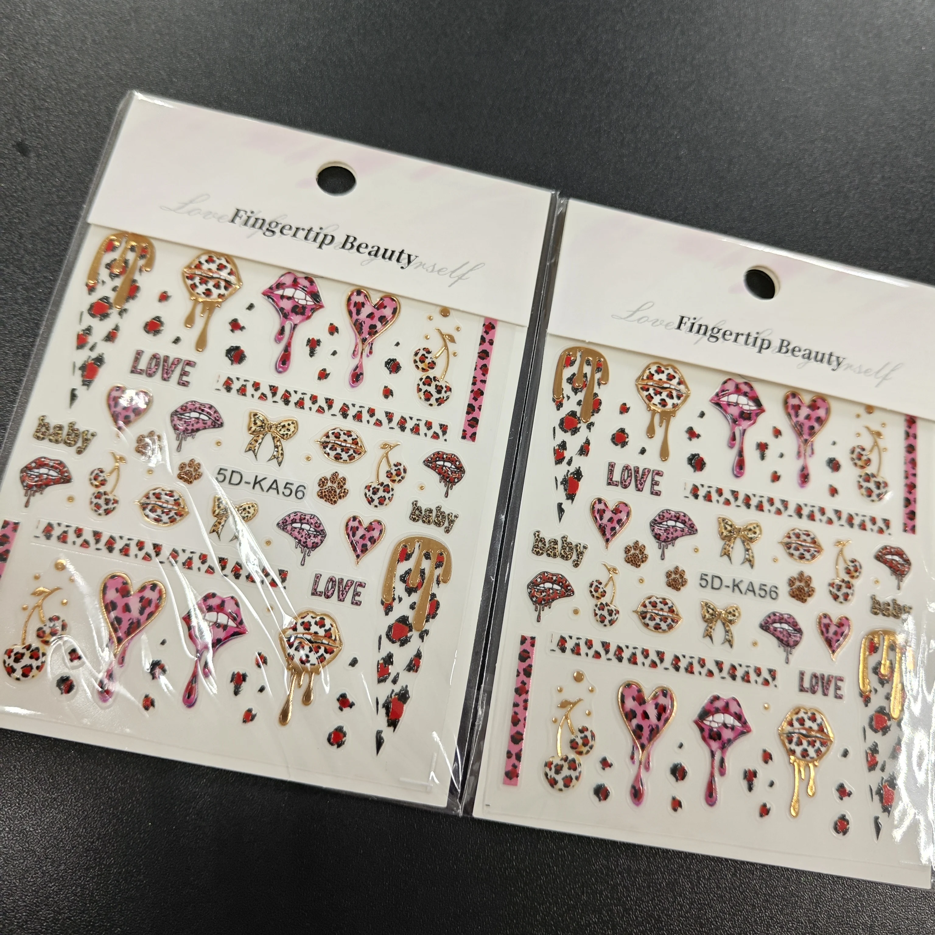 5D Día de San Valentín bronceado oro/plata leopardo labio pegatina de uñas Sexy leopardo arco/cereza calcomanía adhesivo leopardo punta deslizador de uñas