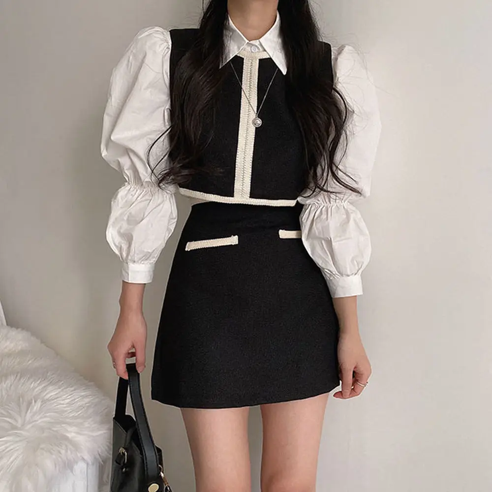 2 Piece Set Women Vest Two Piece Skirt And White Shirt Suit Vintage Kawaii Matching Sets Short For Conjuntos De Mujer Roupas