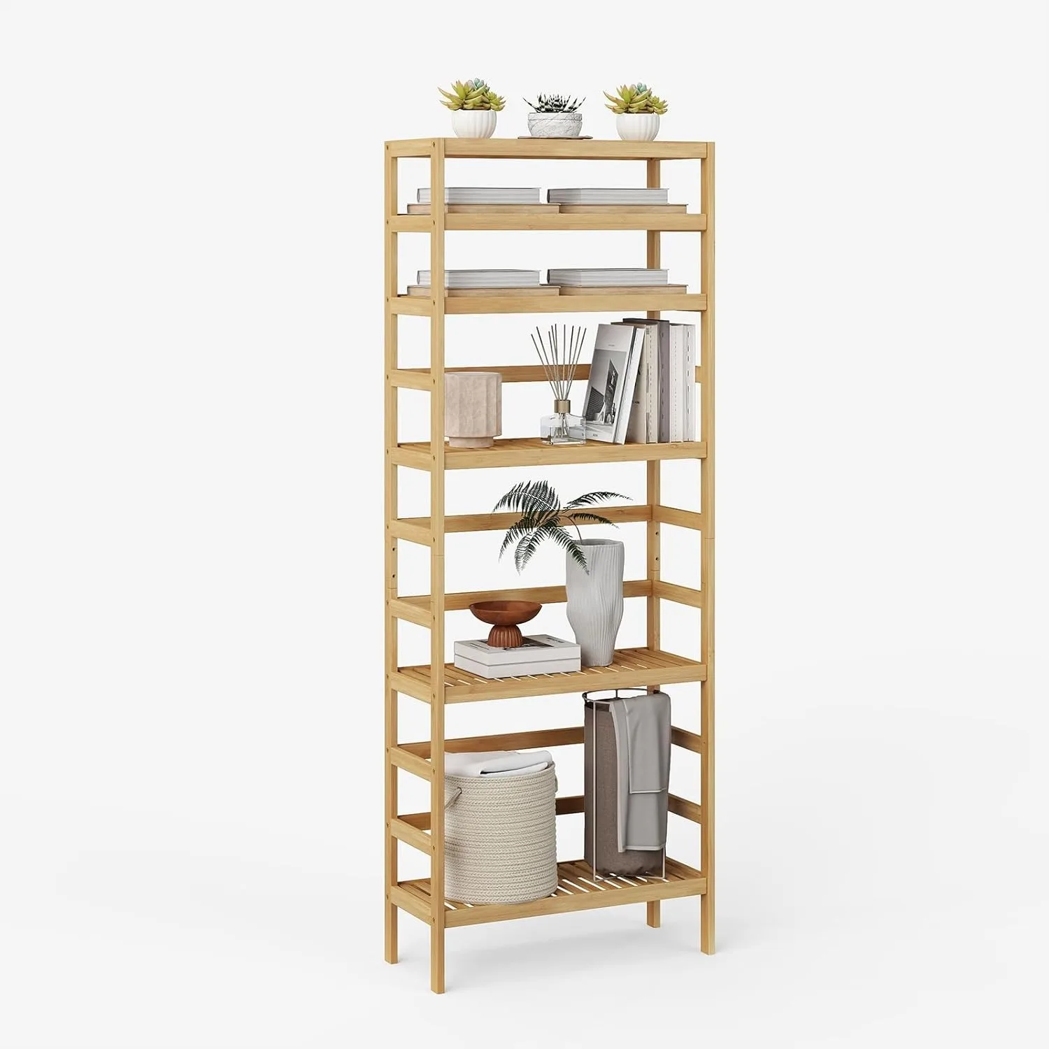 

Bamboo Rack 6-Tier Adjustable Shelf, Natural Stand Utility Storage for Bathroom Kitchen Living Room Plant Flower Holder