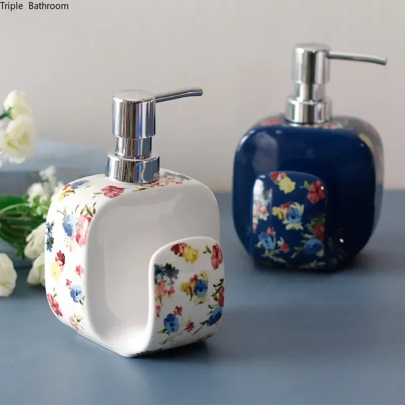 1pc 400ml Flower Pattern Ceramic Shampoo Liquid with Sponge Seat Bathroom Soap Dispenser Lotion Bottle Wristband Hand Dispenser