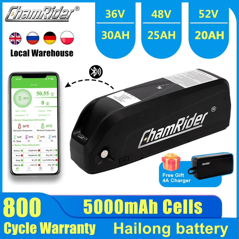 ChamRider 48V Battery 48V 25AH 52V ebike Battery 36V Hailong Max 50A Smart BMS 20AH 30AH 750W 1000W 1500W 21700 Cell