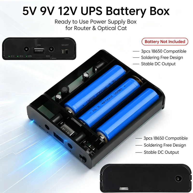 【Without Battery】 DC 12 3x 18650 Lithium Battery Solderless UPS DIY Power Bank Box for Router Cellphone Tablet Modem CCTV Camera
