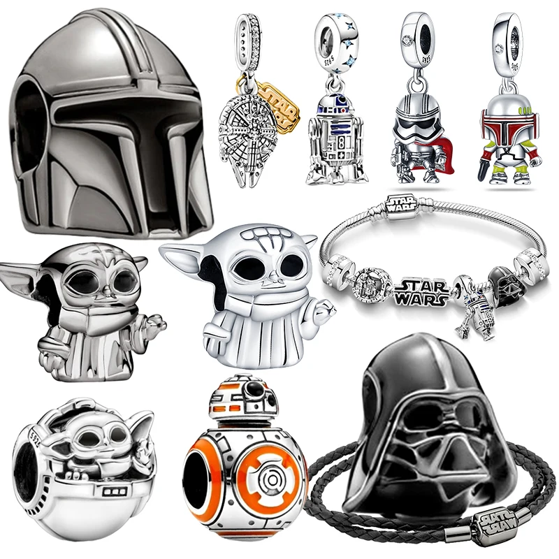 Pingentes de Prata Esterlina 925 TOP Star Wars Yoda e Capacete Mandaloriano, Compatíveis com Pulseiras Femininas Originais, Joias DIY, Presentes Populares