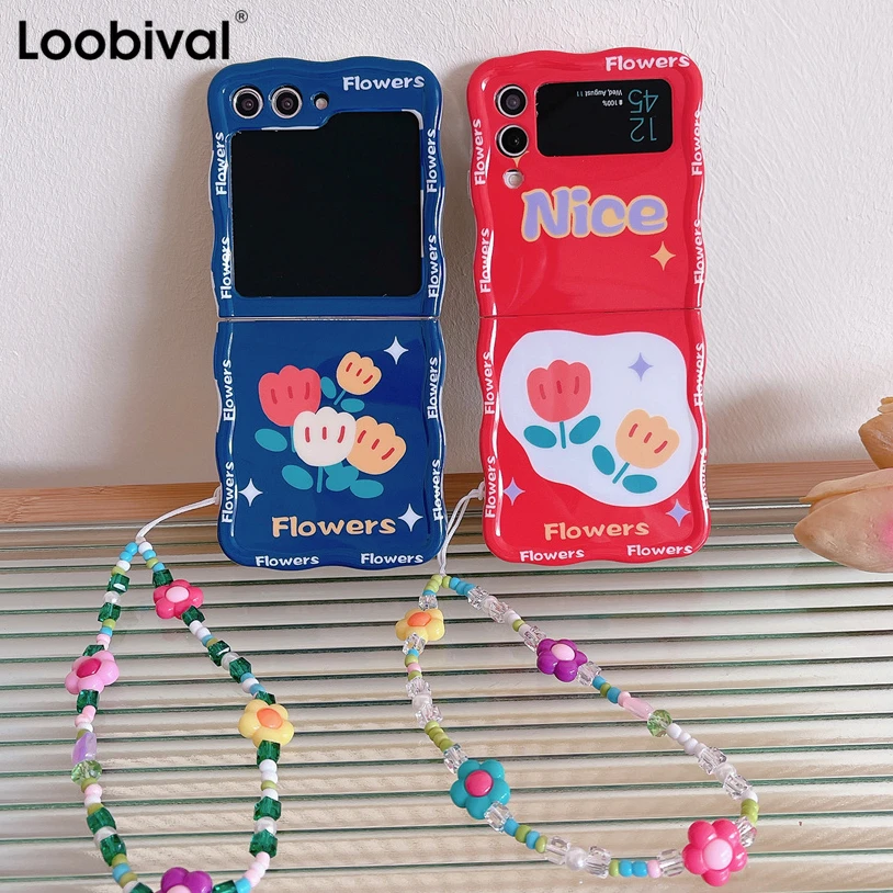 Cartoon Tulip Flower Wave Border Phone Case for Samsung Galaxy Z Flip5 Z Flip3 Flip4 ZFlip 5 4 3 Fashion Crystal Lanyard Cover