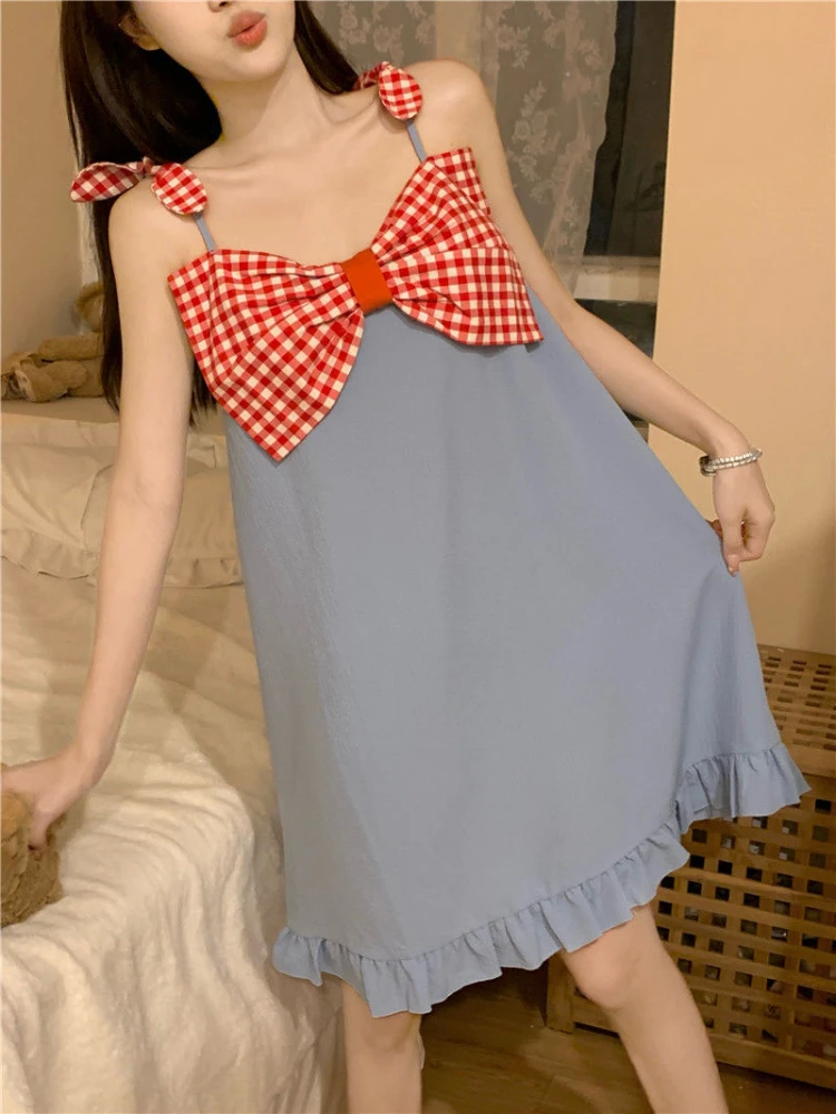 Nightgowns Women Plaid Bow Simple Sleepwear Sweet All-match Autumn Comfortable Home Popular Literary Stylish Korean Style Ladies