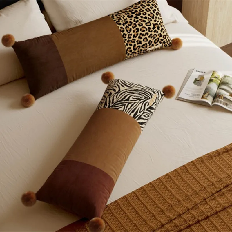 Luxury Spliced Velvet Long Body Pillow Cover 30x70cm Leopard Zebra Animal Print Fluffy Pom Pom Decor Soft Bolster Cushion Case