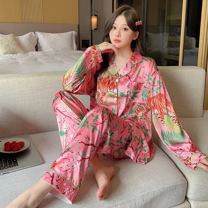 Spring Summer Thin Long Sleeved Satin Silk Pajamas Soft Peach Blossom Tiger Print Sleepwear Light Luxury Woman Pajama Sets