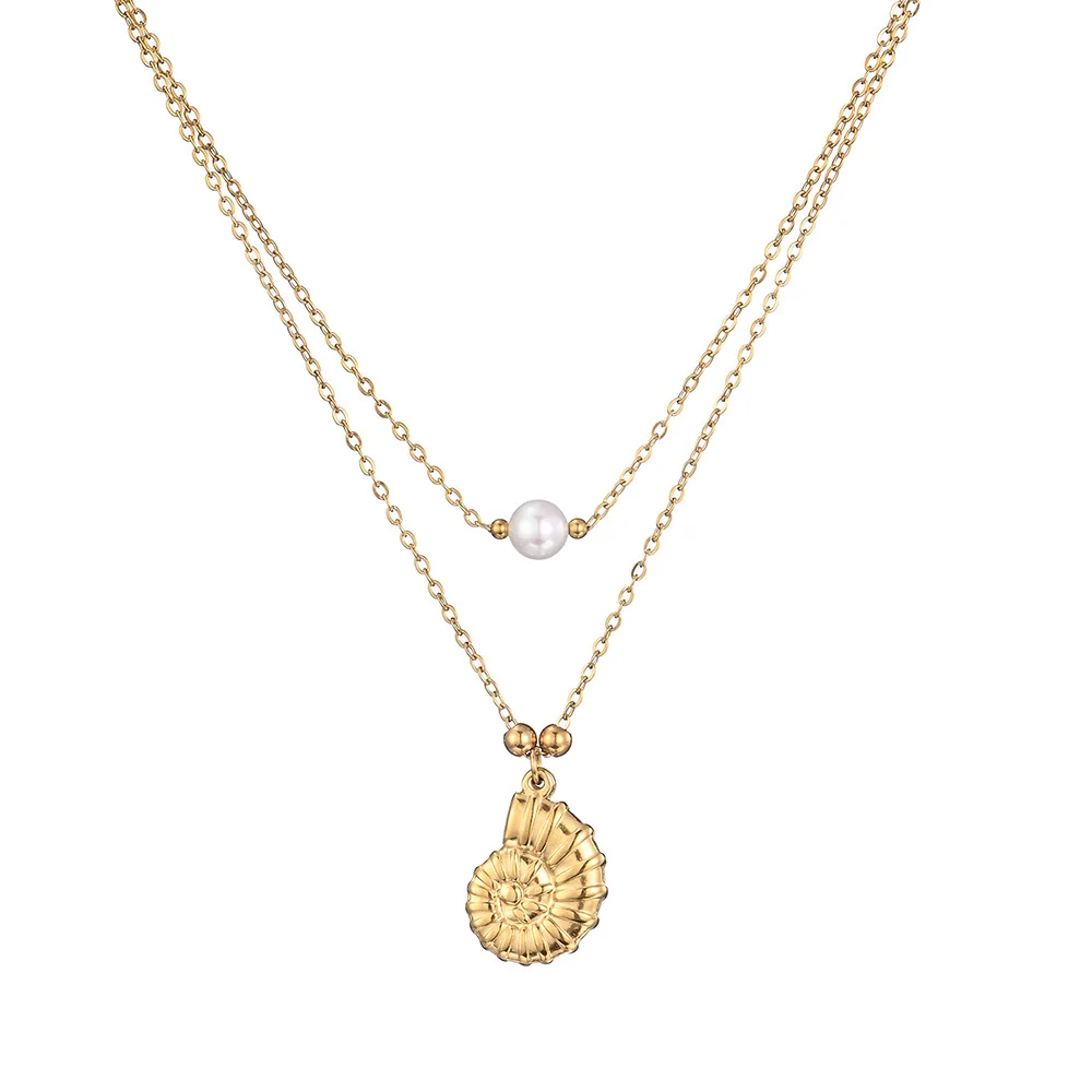 

Kitykiss Stainless Steel Double Layer Stacked Necklace, Ocean Wind Conch Freshwater Pearl Women's Jewelry