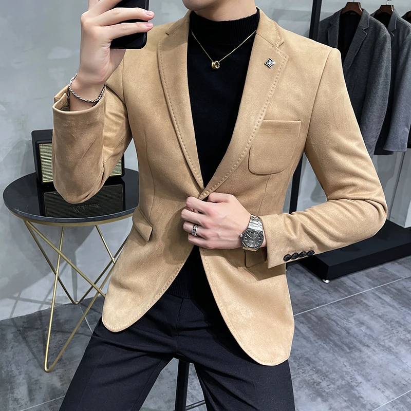 2022 Autumn Deerskin Velvet Jackets Blazer 6 Color Men Business Slim Fit Blazers Hommes Casual Leather Velvets Suit Jacket 4XL-M