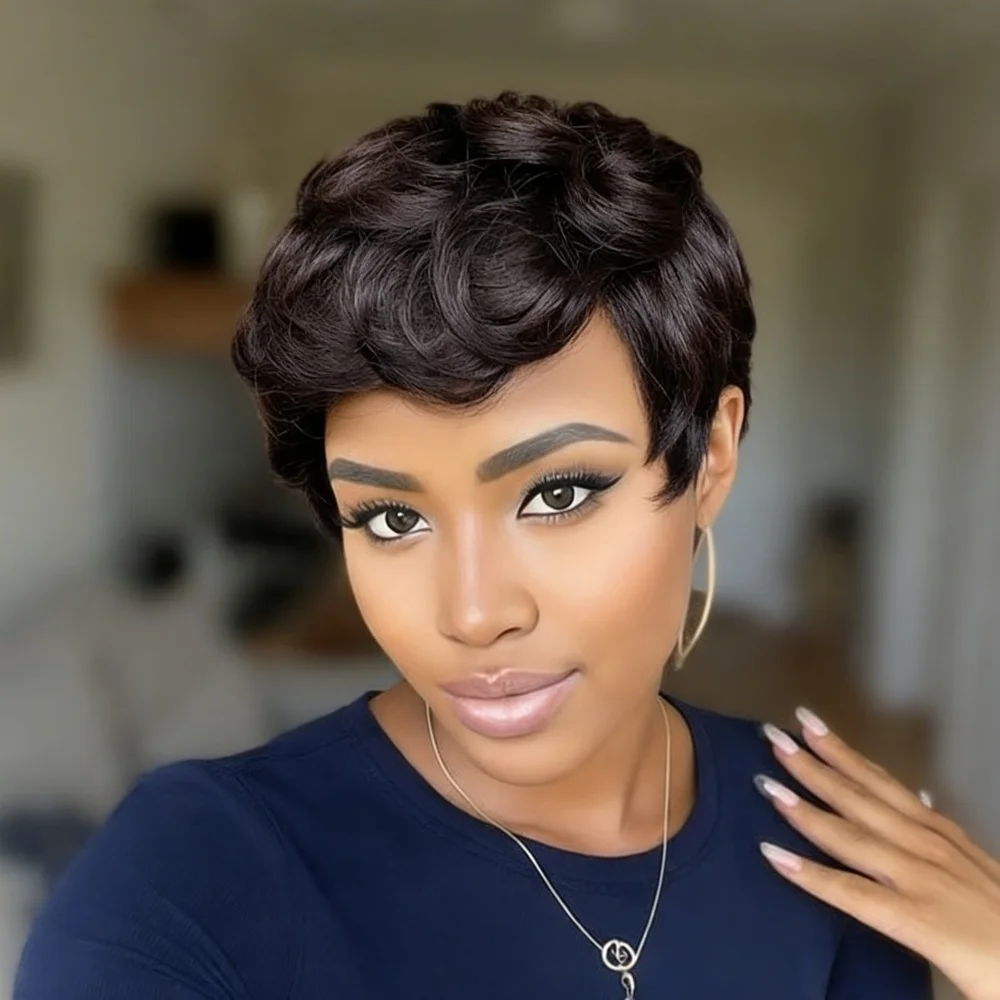 

Синтетический парик в стиле пикси, короткие парики для женщин, короткие кудрявые парики в стиле пикси, короткий парик с волнистыми волосами и челкой