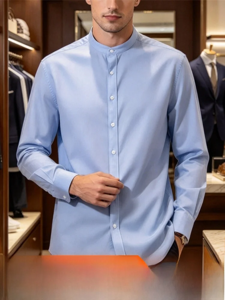 Natural Linen Men's Casual Shirt Long Sleeve Breathable Moisture-Wicking Stand Collar Lightweight Standard Fit Autumn Top