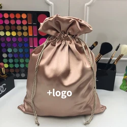 Custom Logo Silk Bag Champagne Wood Ear Drawstring Bags Cosmetic Skin Care Products Storage Pouch Shoes Clothes Dust Pouches