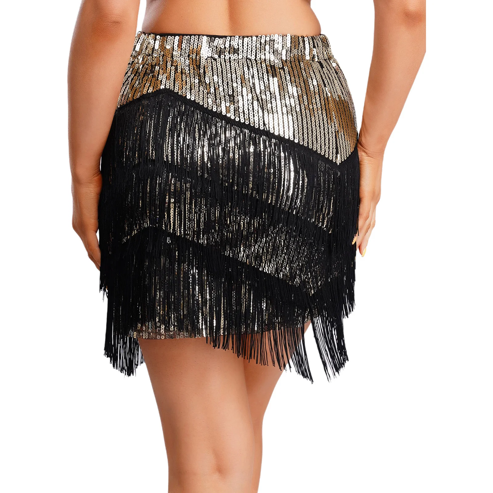 Minigonna da ballo latino scintillante da donna Gonna aderente con paillettes lucide e nappe a strati per abiti da ballo per feste di ballo latino Cha-Cha