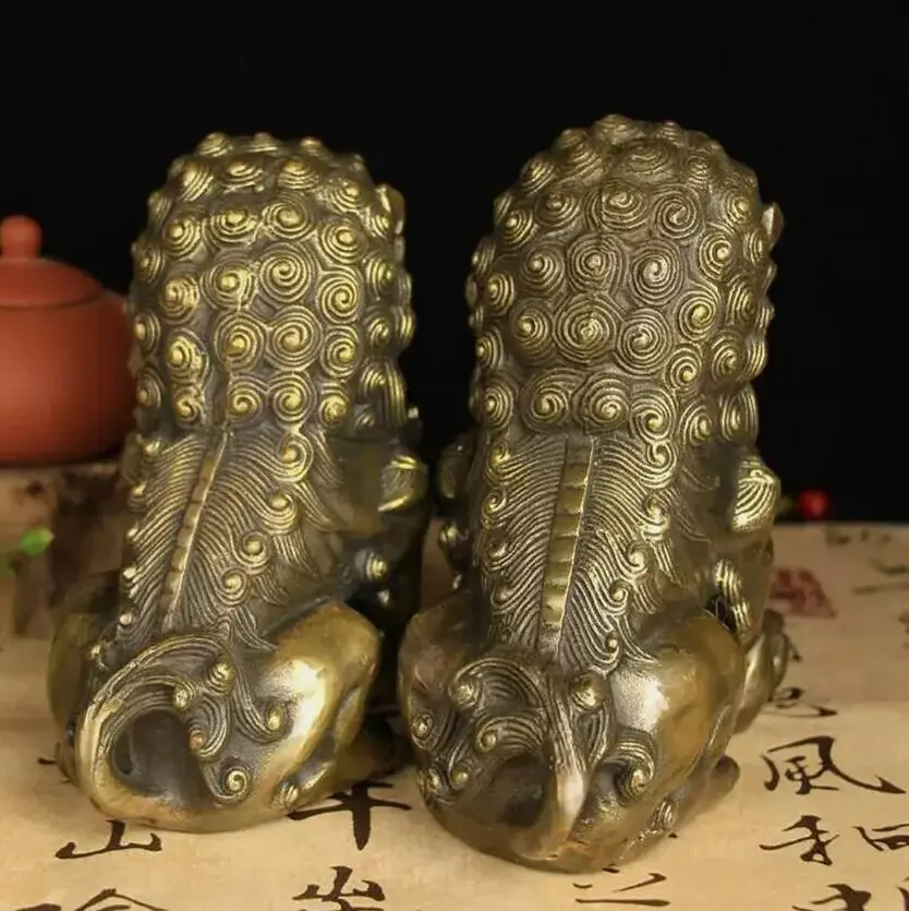 العتيقة البرونزية الباب فنغشوي الحرس فو فو الكلاب الأسد تمثال الأسود زوج #3