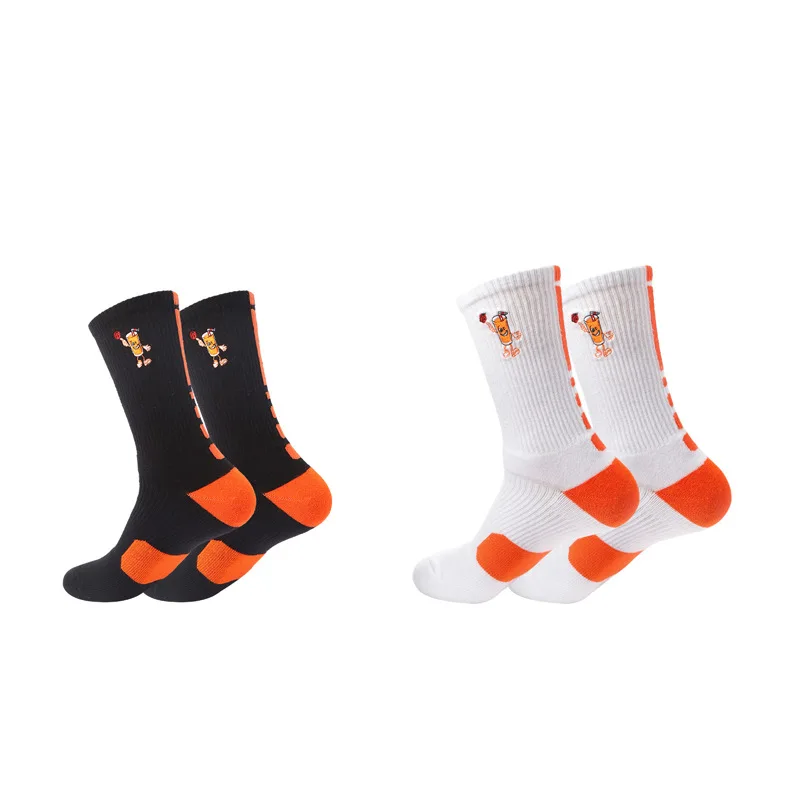 Nuevos calcetines deportivos cómodos antiolor absorbentes del sudor con patrón de cola de dibujos animados de color empalmado negro-naranja-blanco-naranja 2 pares