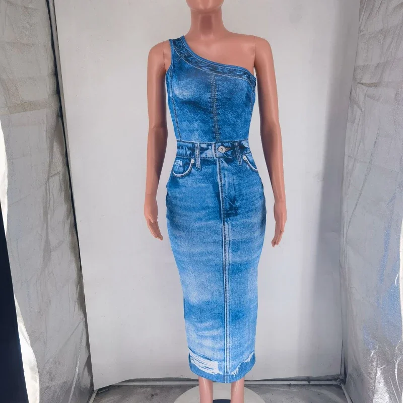 Y2K Fake Denim 3D Print One Shoulder Bodycon Maxi Dress Women 2025 Party Night Sleeveless Clubwear Birthday Long Dresses Vestido