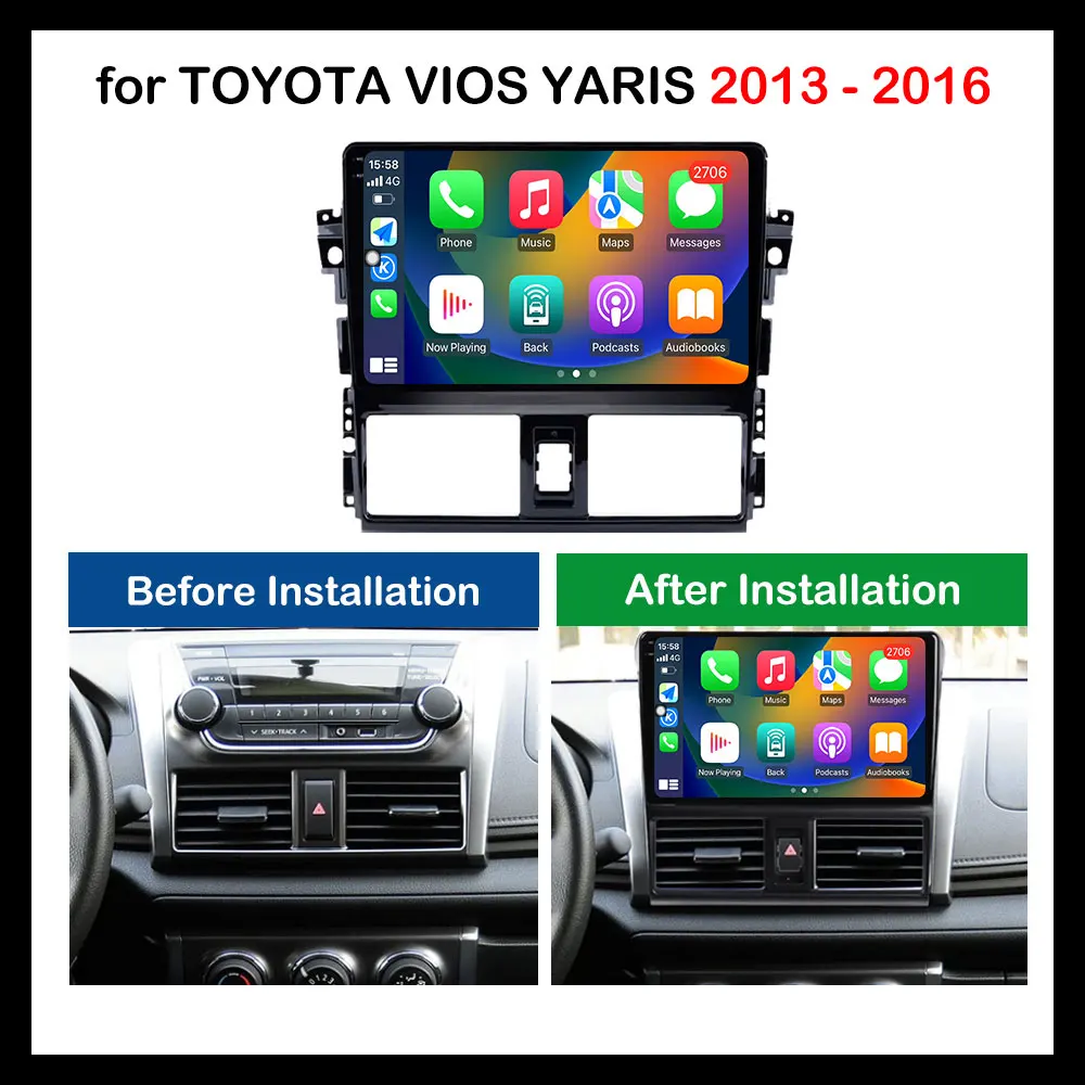 Autoradio Android avec Navigation GPS, Écran Tactile, Bluetooth, Lecteur de Limitation Vidéo, Système pour Voiture Toyota Vios Yadditif (2013-2016), 10 Pouces