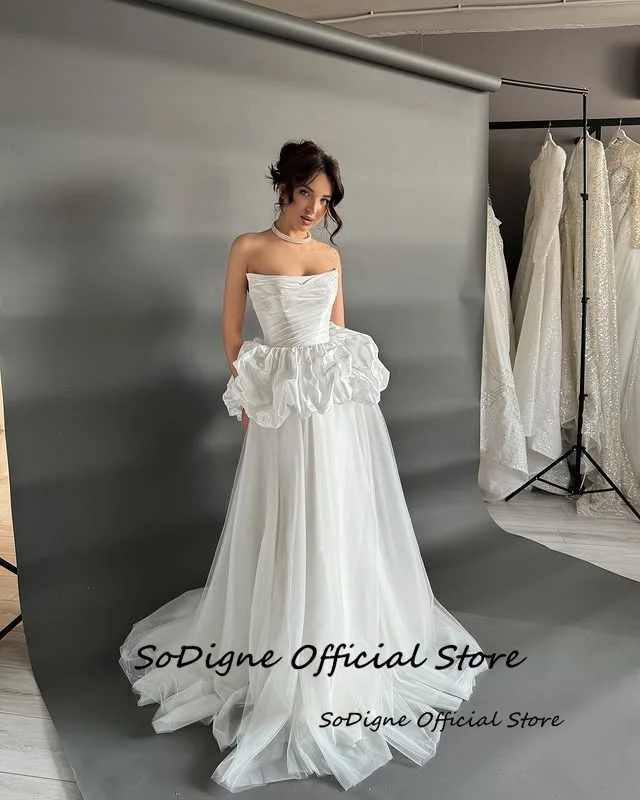 Abiti da sposa a trapezio SoDigne in tulle/taffetà ﻿ Abito da sposa senza maniche senza spalline Abito da sposa lungo Robe De Mairee ﻿ Personalizzato