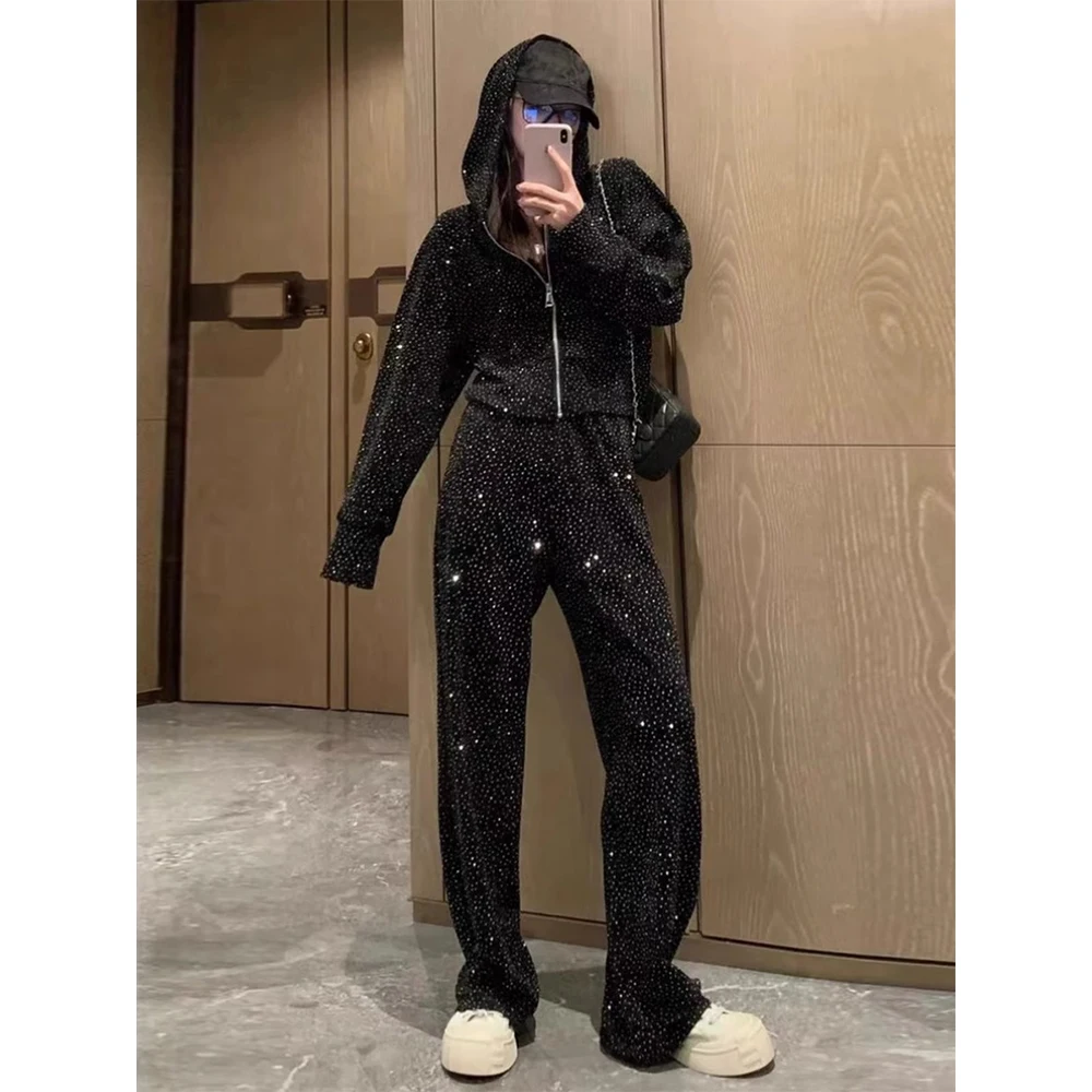 

Women Fashion Shiny Pants Sets Hooded Long Sleeve Short Coat+Elastic Waist Wide Leg Pants 2pcs Female Commute Clothes Suit