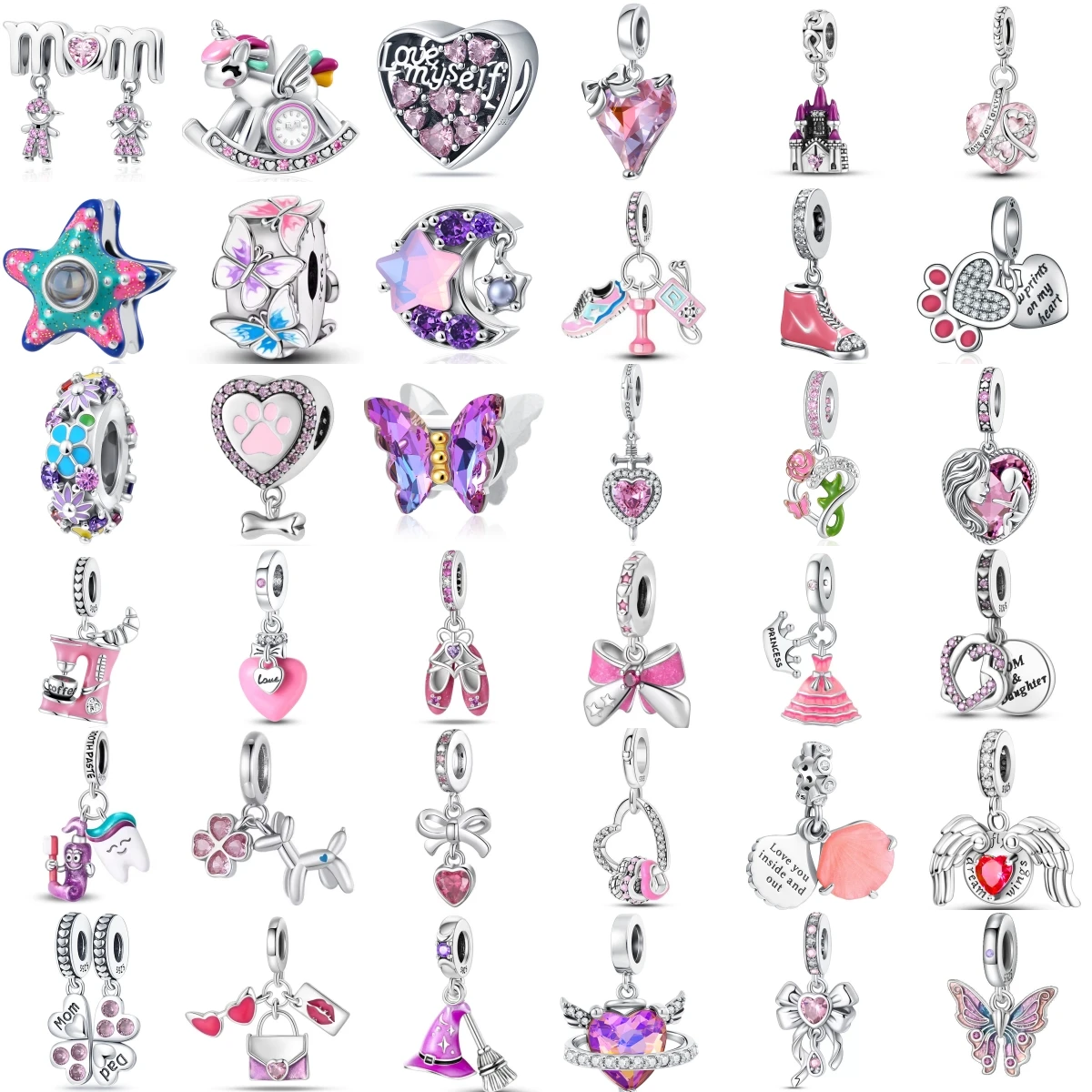 

Браслет из серебра 925 пробы с подвесками: розовые и фиолетовые сердечки, бабочки, звезды, единороги, замки, бусины для создания украшений своими руками, подарок для женщин