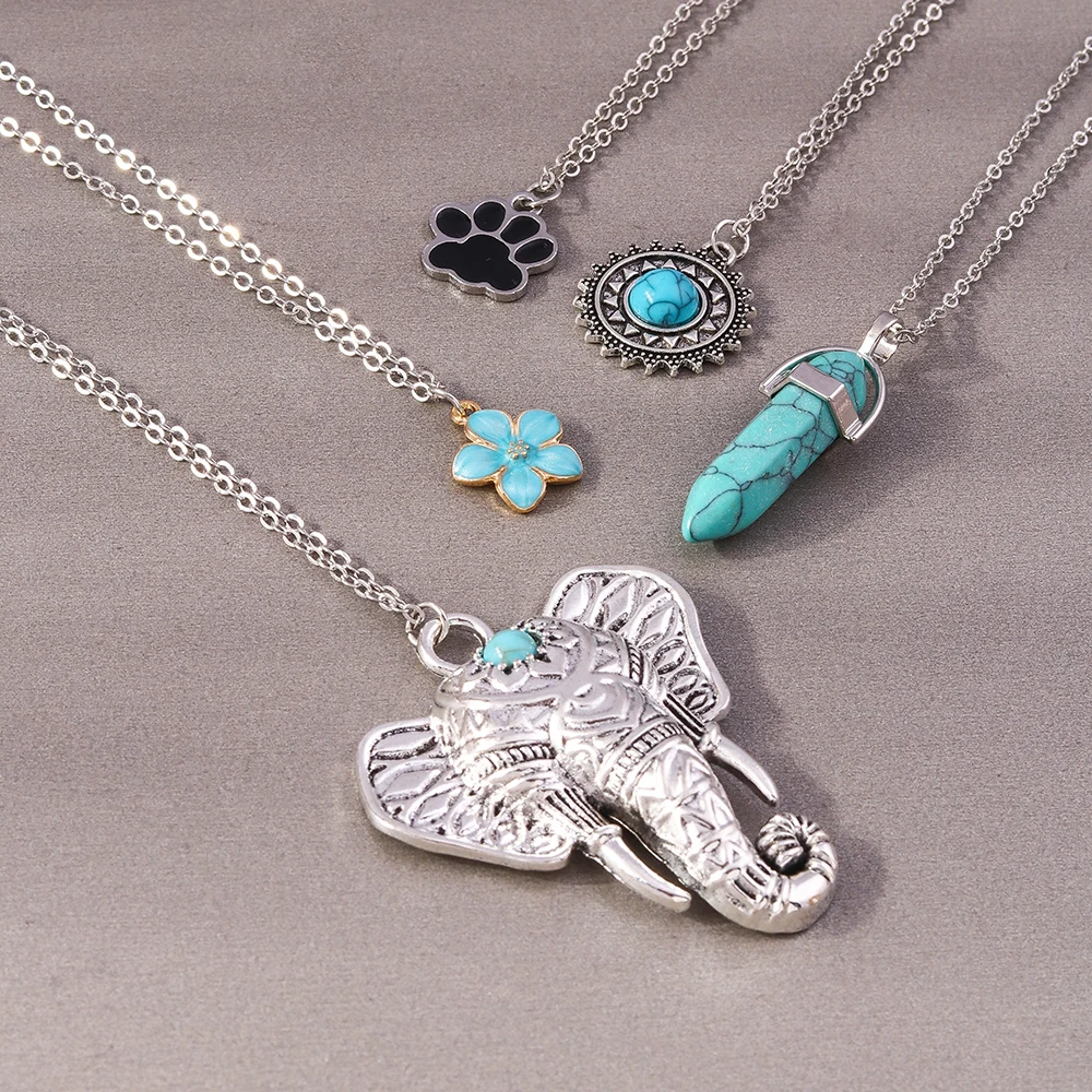 

Aihua 5pcs/set Gothic Blue Turquoise Stone Elephant Pendant Necklaces for Women Grunge Hip Hop Necklace Jewelry Gifts