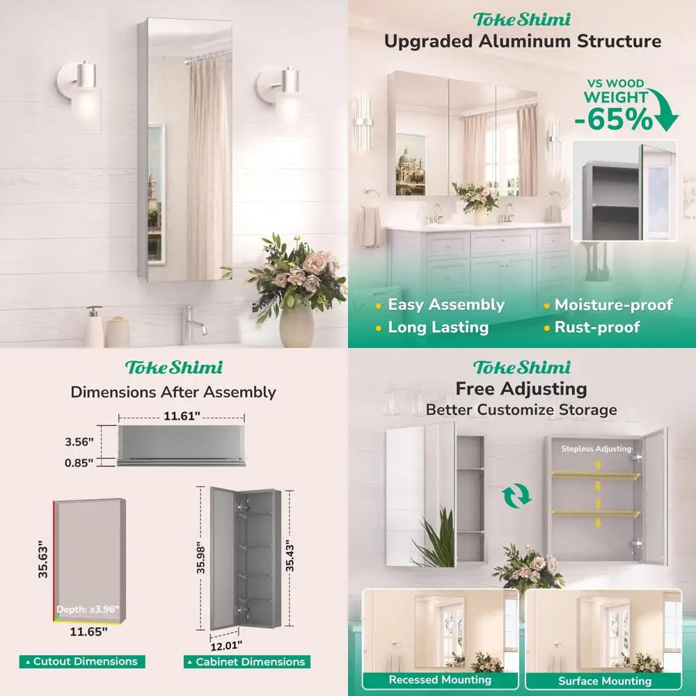 

Aluminum Farmhouse Style Medicine Cabinet with Adjustable Storage and Mirror, Silver Finish