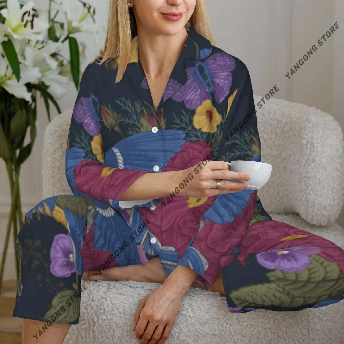 

Women Sleepwear Loungewear Nostalgic Blooming Of Floral Bouquets Birds Long Sleeve Lapel Neck Shirt and Waist Pants Pajamas Set