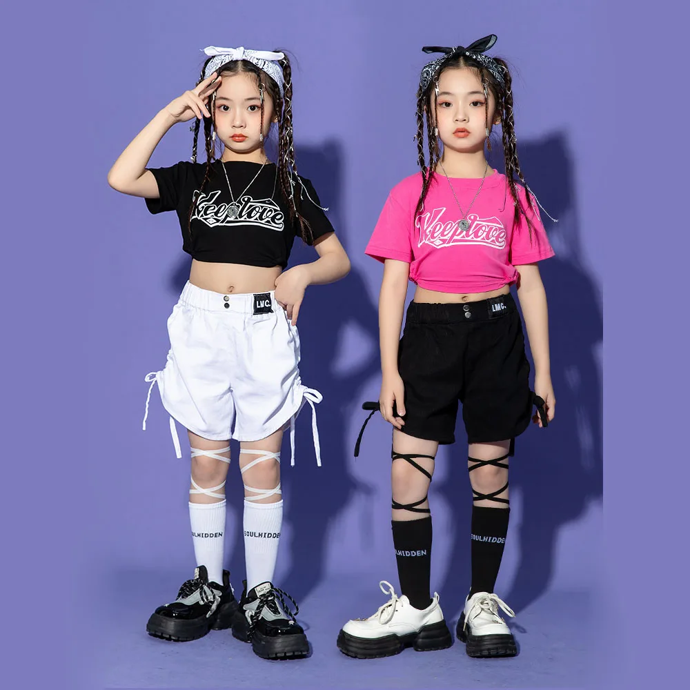 

Kid Kpop Hip Hop Clothing Lace up Crop Top T Shirt Summer Drawstring Ruched Shorts for Girl Jazz Dance Stage Costume Clothes Set