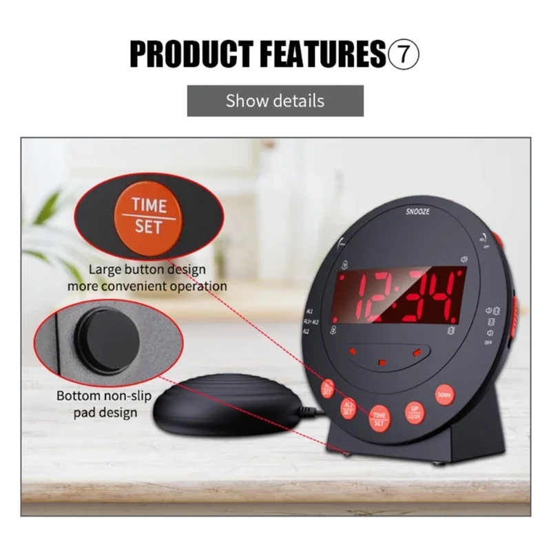 Loud Vibrating Alarm Clock with Bed Shaker for Heavy Sleepers Bedroom Electronic Alarm Clock Large LED Display