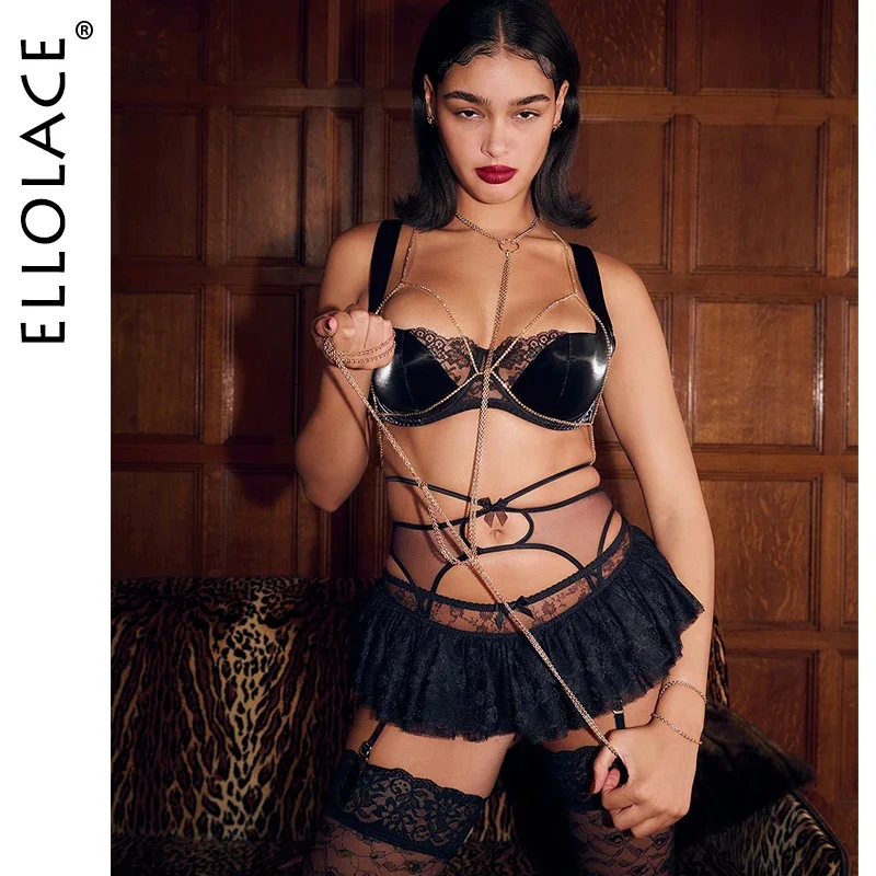 

Ellolace Sexy Clothes Women Lingerie Hot Fetish Latex Splicing Bra Party Lace Skirt Female Set Call Of The Night Club Outfits