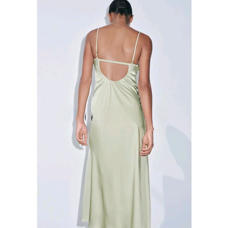 Ele High Waist Silk Satin Gown with Pleated Straight Ne Design Summer Long Svel Dr for Women