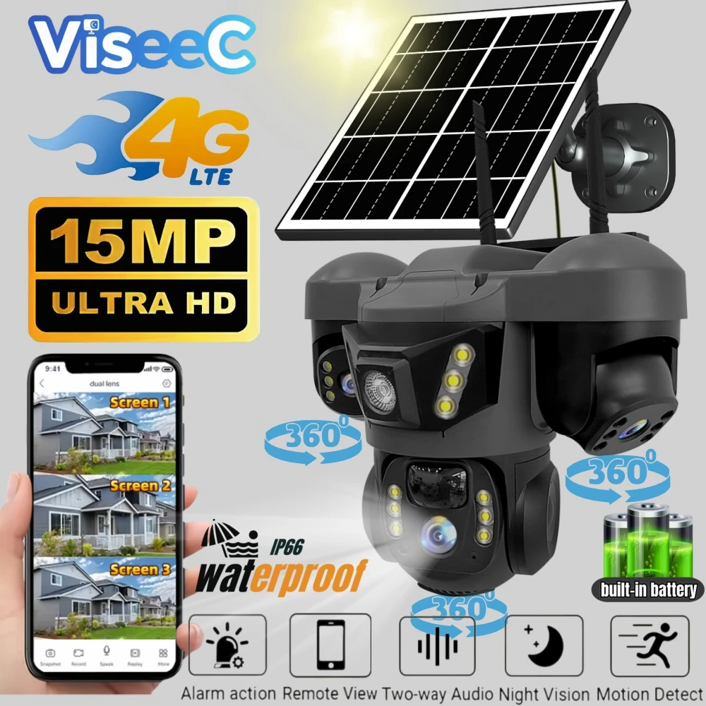 15MP Triple Lens PTZ 10X Zoom Solar Camera Outdoor Triple Screen 4G SIM Secure 360° Auto Tracking Smart Home Wireless CCTV Cam