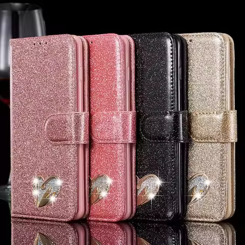 Glitter Flip Leather Wallet Case For Samsung Galaxy S25 Ultra S24 FE S23 S22 S21 S20 Plus A14 A15 A34 A54 A55