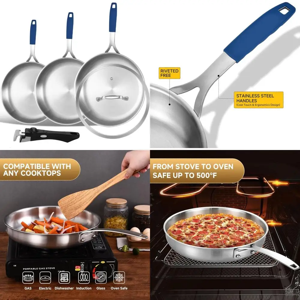 

3-Piece Tri-Ply Stainless Steel Frying Pan Set with Lid, Skillets, Induction Compatible, Oven & Dishwasher Safe, Detachable Hand
