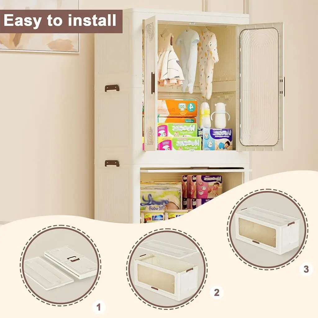 Portable Wardrobe Closet Storage Organizer, Plastic Kids Wardrobe with Hanging Rod & Magnetic Doors, Foldable Clothes Storage Cabinet with Cubes, Lightweight Closet Organizer for Bedroom Nursery Dorm