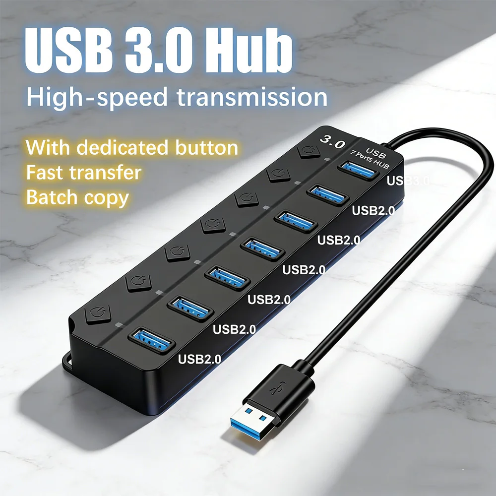 

USB 3.0 7-Port Powered Hub, High-Speed Data Transmission Splitter, 7 in 1 USB Extender for Laptop, PC, Mobile Devices