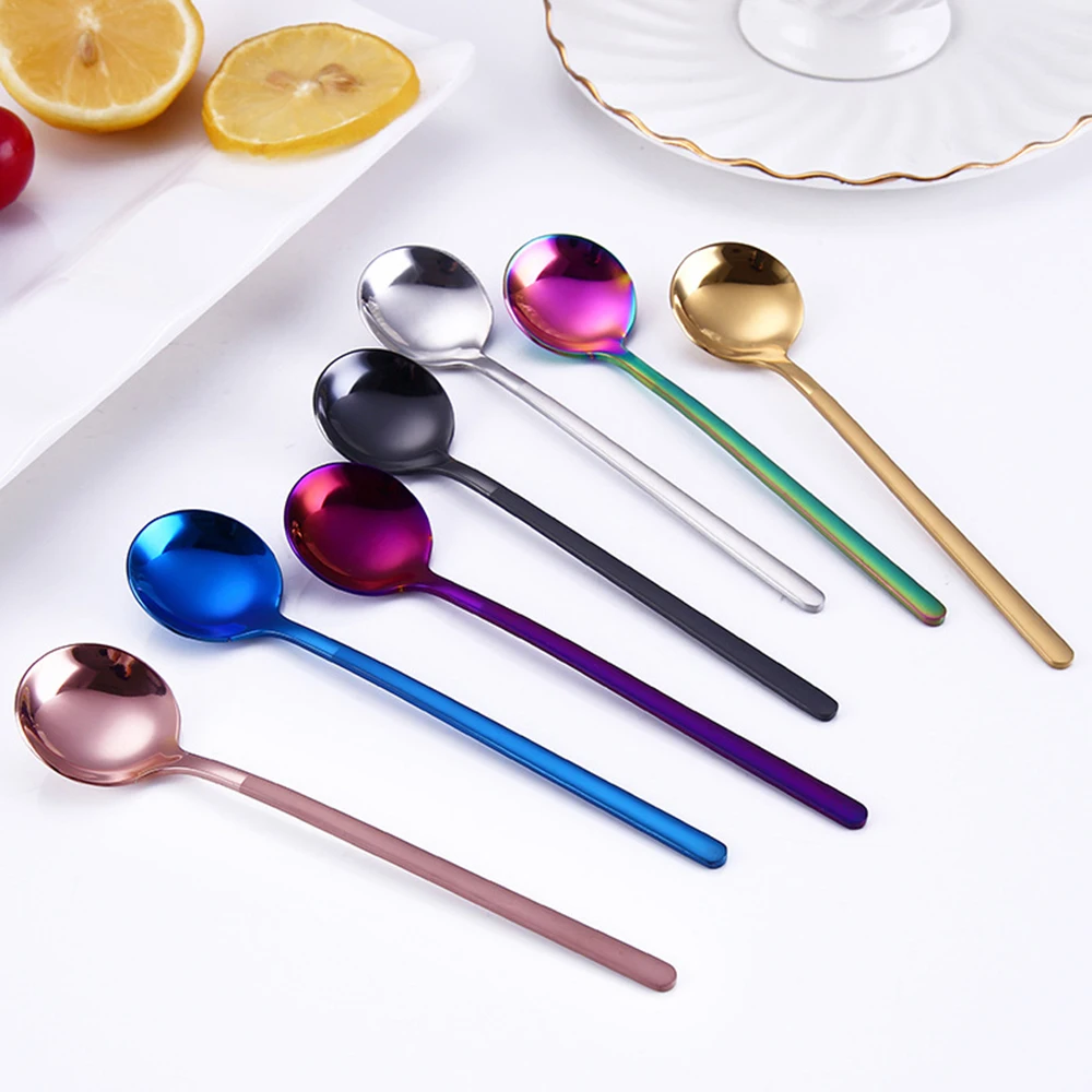 Glod Silver Spoon Small Stainless Steel Round Tea Coffee Spoon Ice Cream Dessert Long Handled Spoon Cutlery Kitchen Accessories