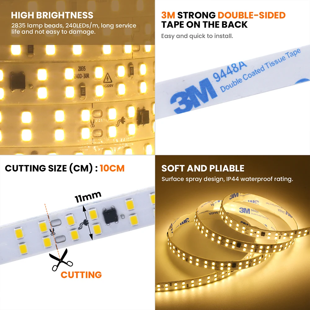 240LED/M 5M 10M 20M LED Strip Light AC 220V Double Row 2835  IP44 Flexible Adhesive Tape LED Ribbon Warm White Yellow