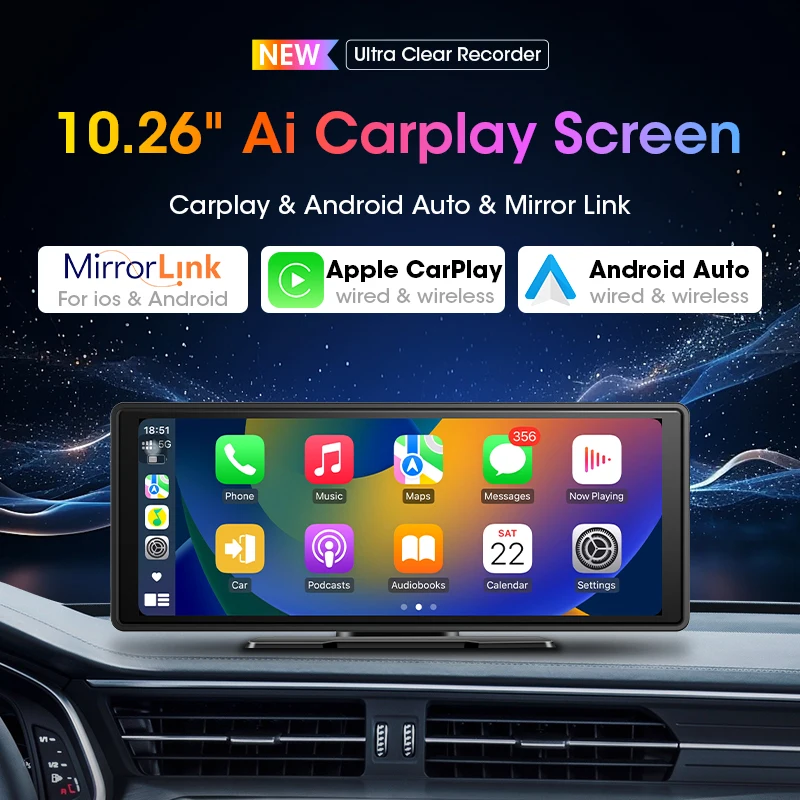 Jansite 10.26” Inch CarPlay Android Auto Car Radio Multimedia Video Player IPS Touch Screen With AUX USB Rearview Camera