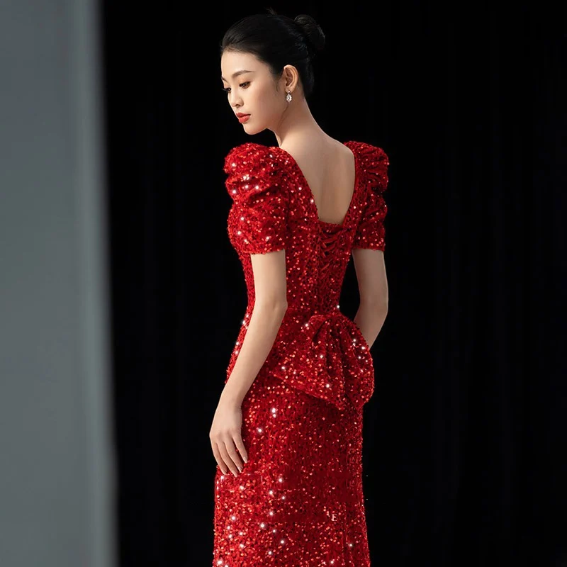 

Red Sequin Wedding Dr 2025 New Sle Bride Host Evening Gown Ele Personali Performance Fi Tail mid Waist ort ...