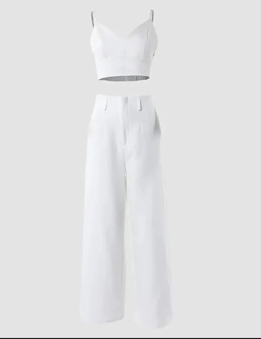 Dwuczęściowy zestaw damski Letnia moda Spaghetti Strap Crop Cami Top & Casual Pocket Design High Waist Wide Leg Pants Set