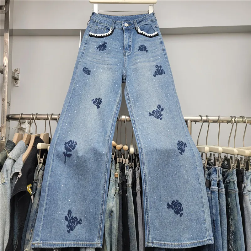 WTHT New Women Embroidery Flower Diamonds Pearl Design Straight Jeans 2026 Spring Fashion High Waist Denim Pants Female 1LS2917