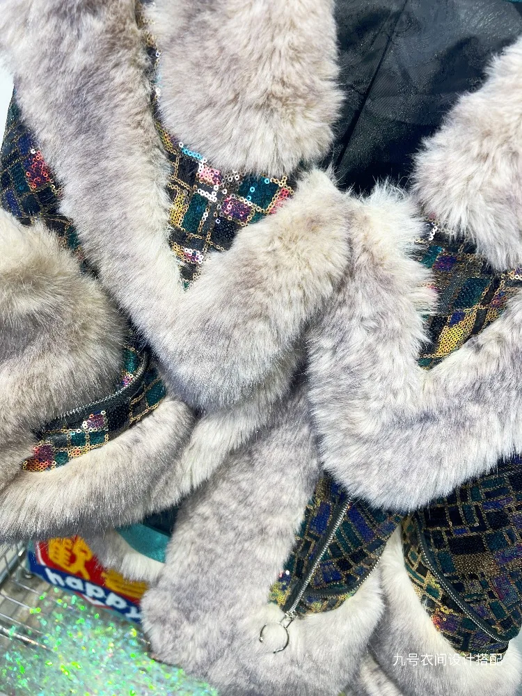 2025 New Fashion Heavy Sequin European Mink Fur Women's Design Loose Warm Versatile Winter Coat Faux Fur Coat Women