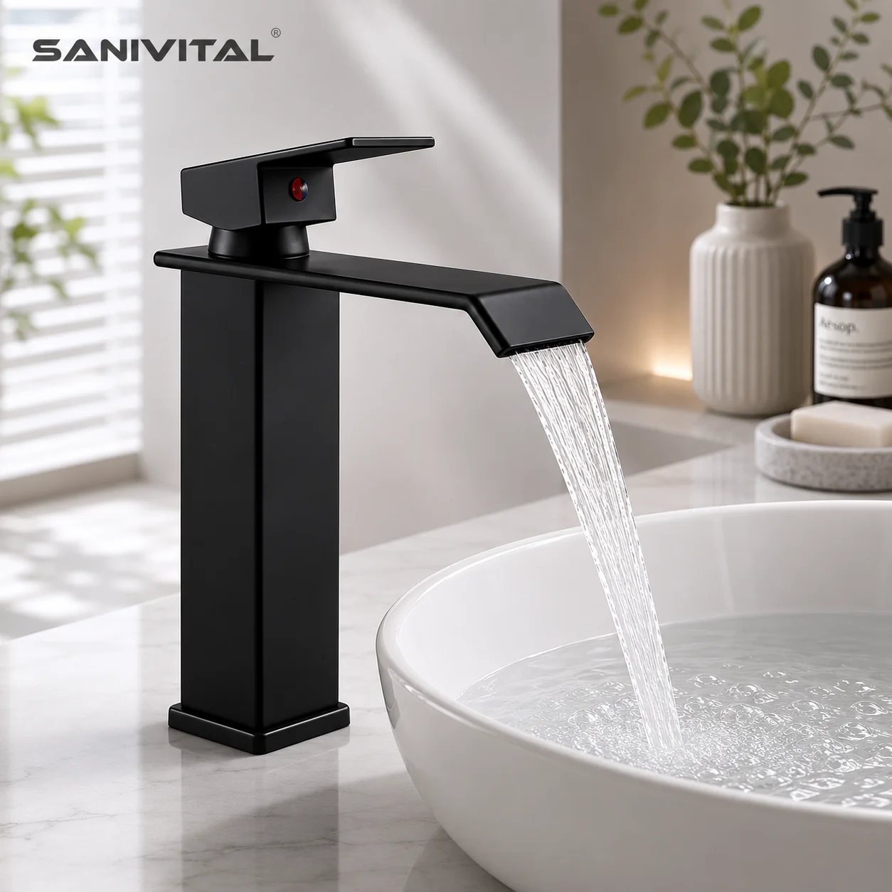 sanivital-トールウォーターフォール浴室用蛇口-温冷混合水栓-シングルハンドル洗面台蛇口-マットブラック