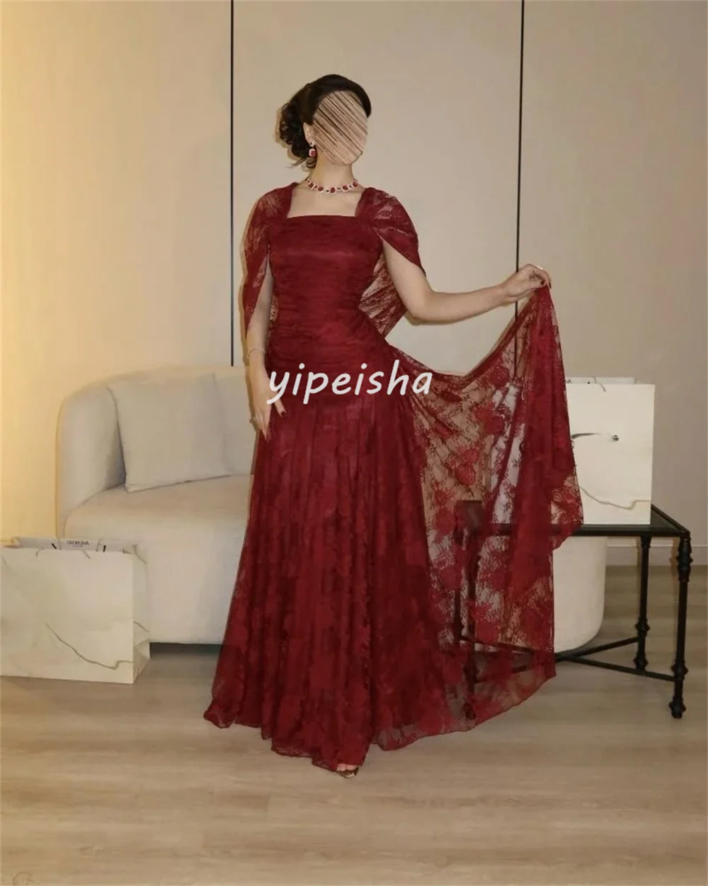 Customized Exquisite Classic Lace Pleat Ruched A-line Square Neck Long Dresses Evening Dresses Casual Sizes Available Formal 2