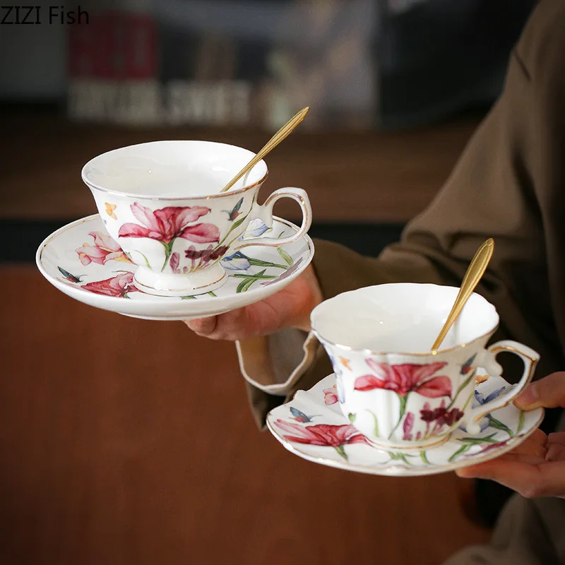 Iris Flower Pattern Mugs Porcelain Cup&saucer Gilding Tableware Coffee Mug Dining Table Afternoon Tea Teacup Fruits Juice Cup