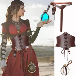4PCS Halloween Renaissance Medieval Pirate Viking PU Leather Drawstring Corset Embossed Belt Potion Bottles with Glass Bottle