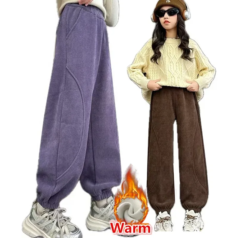 

Elegant Girls Winter Elastic Pencil Pants With Fleece-Lined Child Comfortable Velvet Thermal Trousers Kids Insulated Sweatpants